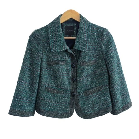 The Limited Jackets & Blazers - THE LIMITED COLLECTION GREEN TWEED CROPPED JACKET SIZE SMALL